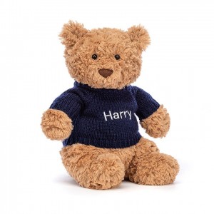 Medium Jellycat Bartholomew Bear with Personalised Navy Jumper | 80OJVEQPB