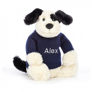 Medium Jellycat Bashful Black & Cream Puppy with Personalised Navy Jumper | 35IXKQDZV