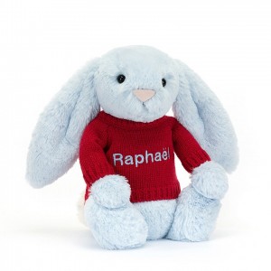 Medium Jellycat Bashful Blue Bunny with Personalised Red Jumper | 62DOWVLEJ