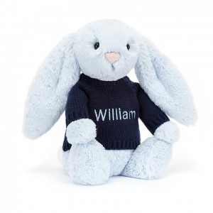 Medium Jellycat Bashful Blue Bunny with Personalised Navy Jumper Sale | 46AVUMYBR