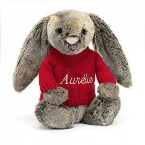 Medium Jellycat Bashful Cottontail Bunny with Personalised Red Jumper Clearance Sale | 72ZCFGBUP