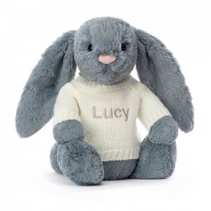 Medium Jellycat Bashful Dusky Blue Bunny with Personalised Cream Jumper | 37NJDFPOY