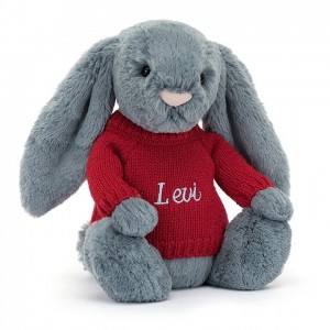 Medium Jellycat Bashful Dusky Blue Bunny with Personalised Red Jumper | 69GRWVNBA