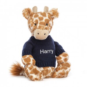 Medium Jellycat Bashful Giraffe with Personalised Navy Jumper Clearance | 92FPUVKMA