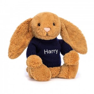 Medium Jellycat Bashful Golden Bunny with Personalised Navy Jumper USA | 59CMDFKBH