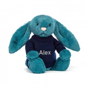 Medium Jellycat Bashful Mineral Blue Bunny with Personalised Navy Jumper Clearance Sale | 74RZLBQVO