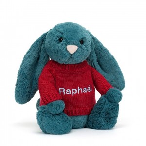 Medium Jellycat Bashful Mineral Blue Bunny with Personalised Red Jumper Sale | 47WLDUFIB