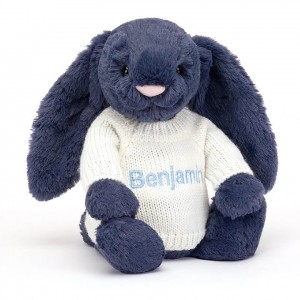 Medium Jellycat Bashful Navy Bunny with Personalised Cream Jumper | 38GLYRSIW