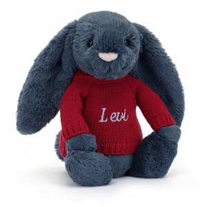 Medium Jellycat Bashful Navy Bunny with Personalised Red Jumper USA | 52UGBJSYZ