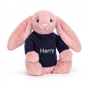 Medium Jellycat Bashful Petal Bunny with Personalised Navy Jumper USA | 52QOMDTSJ