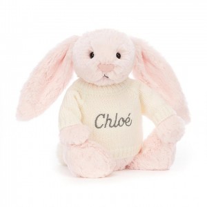 Medium Jellycat Bashful Pink Bunny with Personalised Cream Jumper USA | 54YLVHAUG