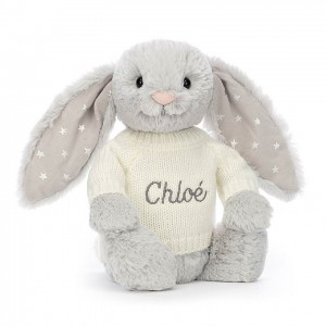 Medium Jellycat Bashful Shimmer Bunny with Personalised Cream Jumper | 16TFRMEYQ