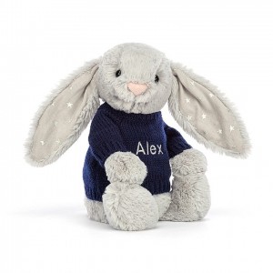 Medium Jellycat Bashful Shimmer Bunny with Personalised Navy Jumper | 13ZFOAVMC