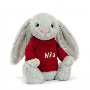 Medium Jellycat Bashful Shimmer Bunny with Personalised Red Jumper USA | 52PDEWXAI