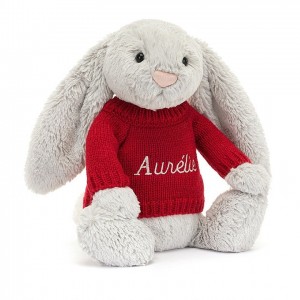 Medium Jellycat Bashful Silver Bunny with Personalised Red Jumper | 13NYTQXPS