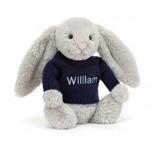 Medium Jellycat Bashful Silver Bunny with Personalised Navy Jumper | 14AEPYXIF