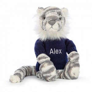 Medium Jellycat Bashful Snow Tiger with Personalised Navy Jumper Black Friday | 08TPRMGEO