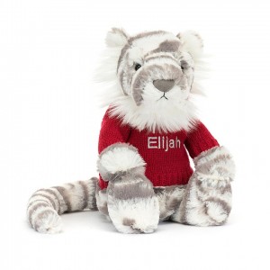 Medium Jellycat Bashful Snow Tiger with Personalised Red Jumper | 39PUQGEWM