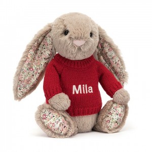 Medium Jellycat Blossom Bea Beige Bunny with Personalised Red Jumper | 13UJSXQYP