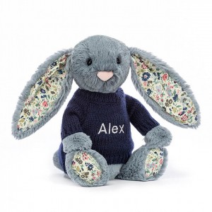 Medium Jellycat Blossom Dusky Blue with Personalised Navy Jumper Clearance Sale | 72KQTBMGC