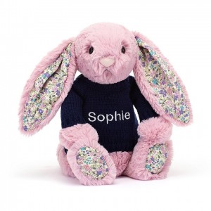 Medium Jellycat Blossom Tulip Bunny with Personalised Navy Jumper | 18UQXFNOG