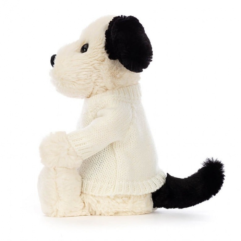 Medium Jellycat Bashful Black & Cream Puppy with Personalised Cream Jumper Sale | 42PIZONYE