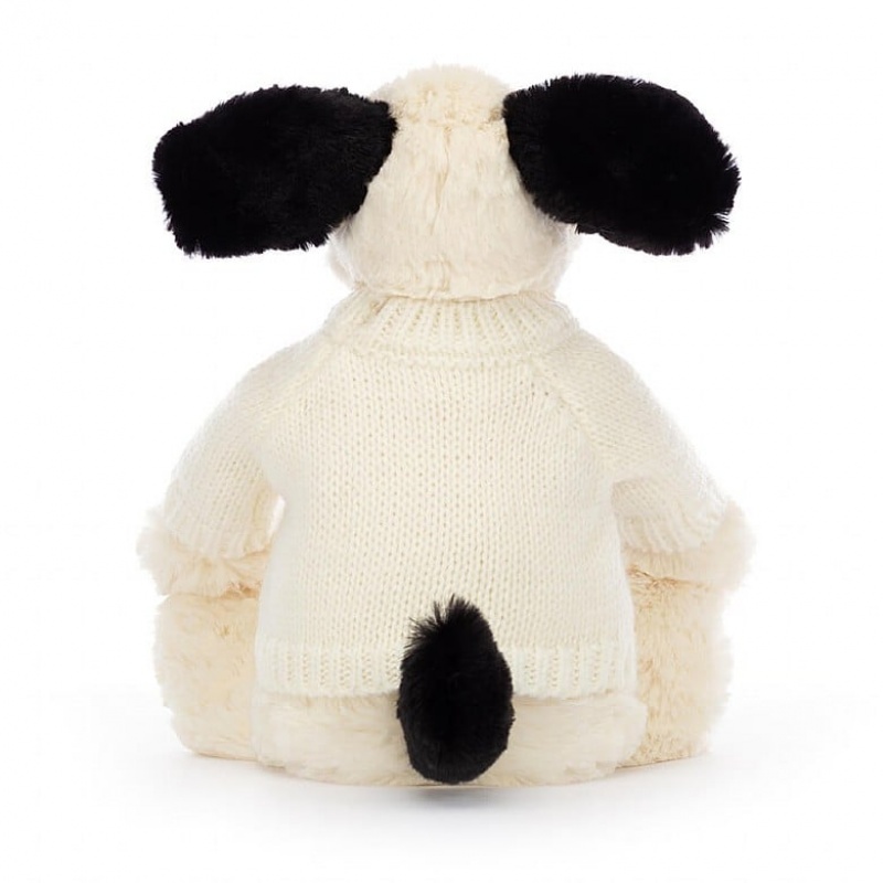 Medium Jellycat Bashful Black & Cream Puppy with Personalised Cream Jumper Sale | 42PIZONYE