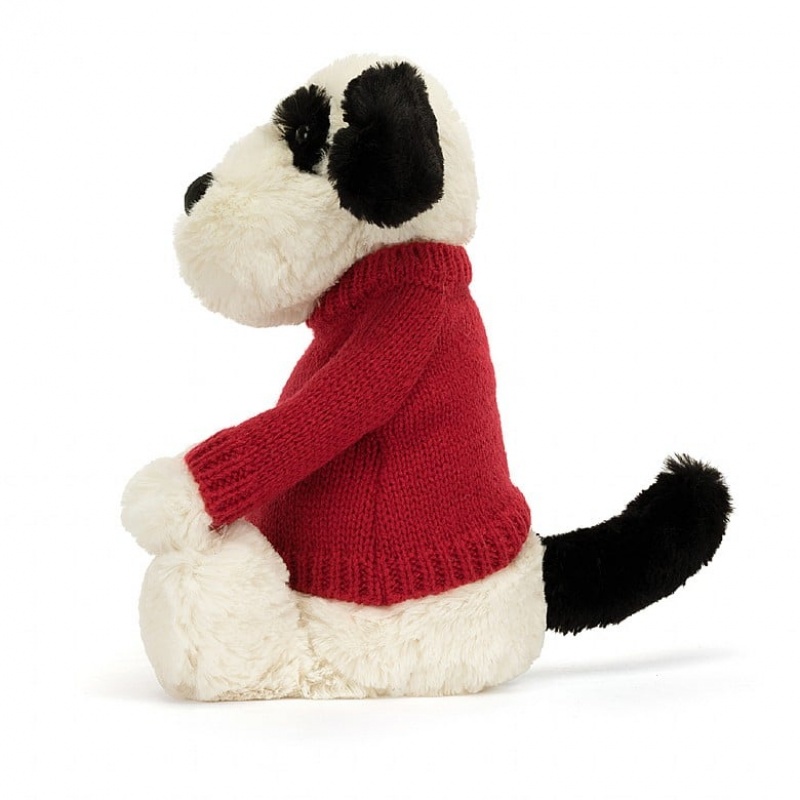 Medium Jellycat Bashful Black & Cream Puppy with Personalised Red Jumper | 31LBOAJDP