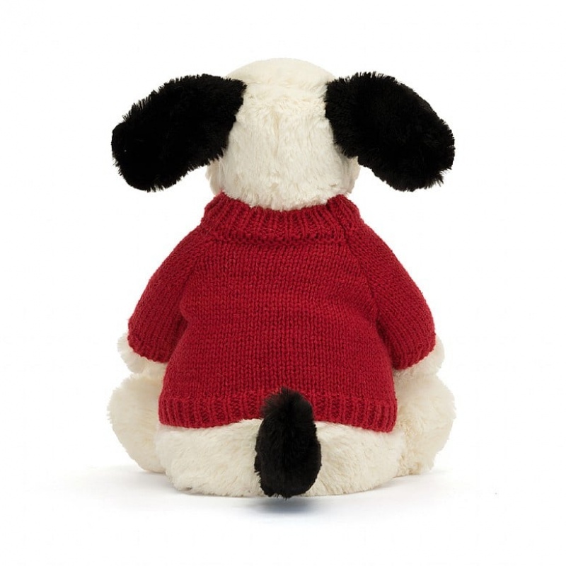 Medium Jellycat Bashful Black & Cream Puppy with Personalised Red Jumper | 31LBOAJDP