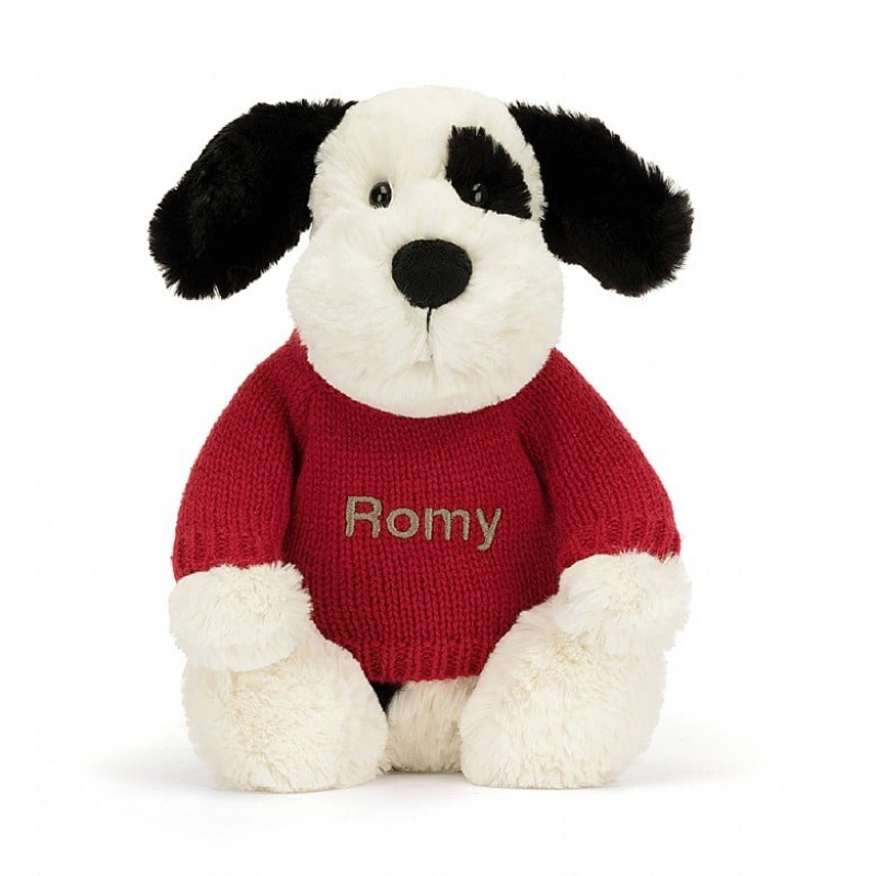 Medium Jellycat Bashful Black & Cream Puppy with Personalised Red Jumper | 31LBOAJDP