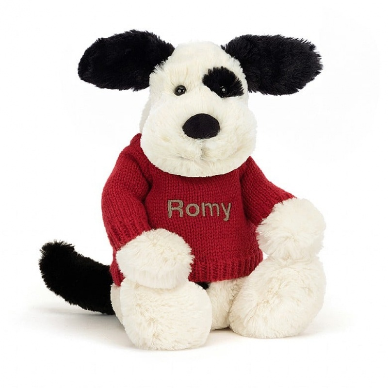 Medium Jellycat Bashful Black & Cream Puppy with Personalised Red Jumper | 31LBOAJDP