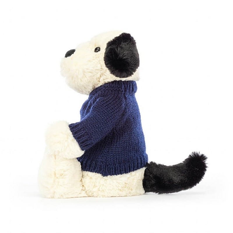 Medium Jellycat Bashful Black & Cream Puppy with Personalised Navy Jumper USA | 58ZLVEONP