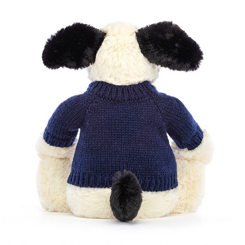 Medium Jellycat Bashful Black & Cream Puppy with Personalised Navy Jumper USA | 58ZLVEONP