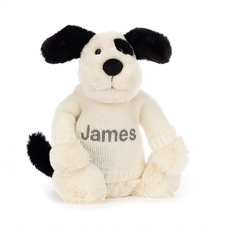 Medium Jellycat Bashful Black & Cream Puppy with Personalised Cream Jumper Clearance | 93ANGHWOT