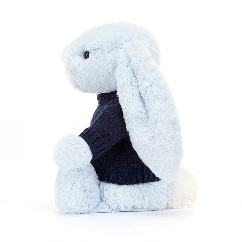 Medium Jellycat Bashful Blue Bunny with Personalised Navy Jumper | 12ANVGUOI