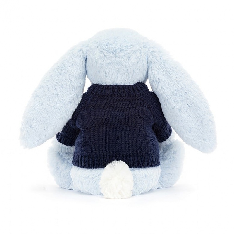 Medium Jellycat Bashful Blue Bunny with Personalised Navy Jumper | 12ANVGUOI