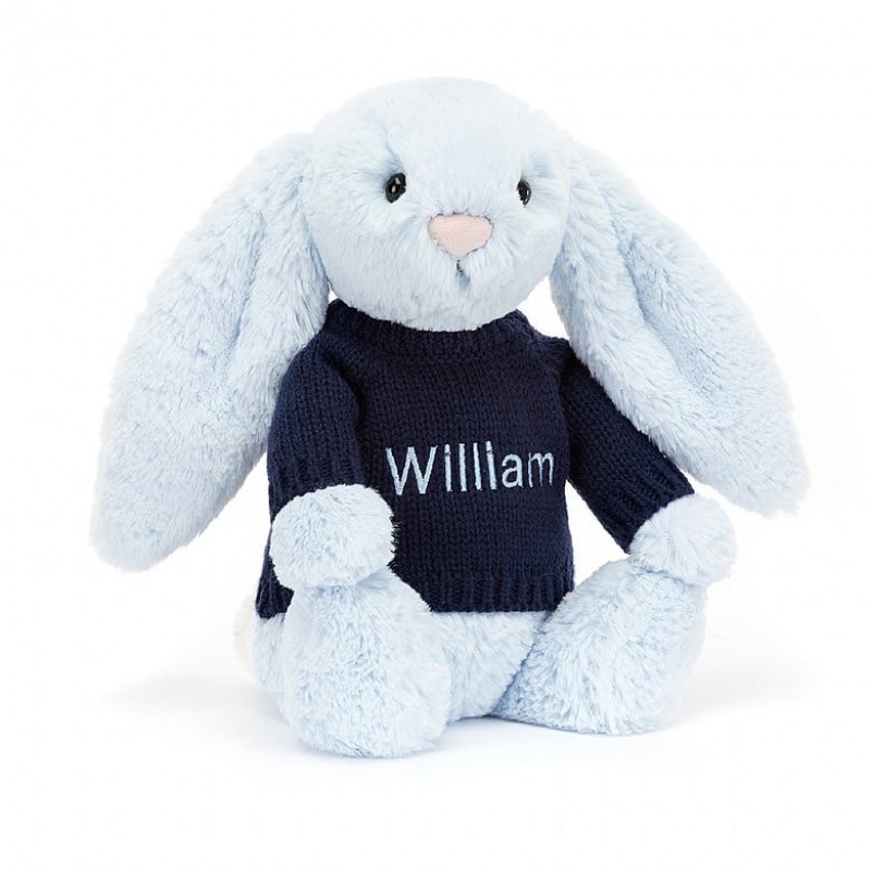 Medium Jellycat Bashful Blue Bunny with Personalised Navy Jumper | 12ANVGUOI