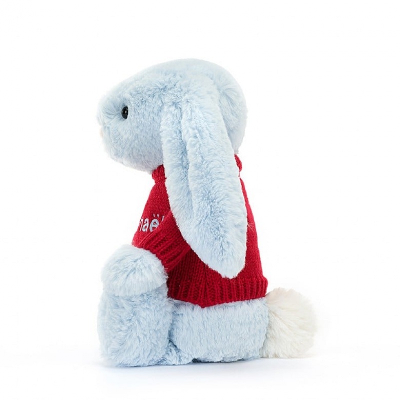 Medium Jellycat Bashful Blue Bunny with Personalised Red Jumper | 62DOWVLEJ