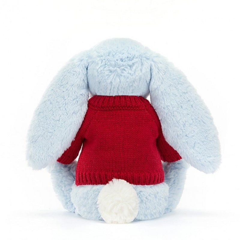 Medium Jellycat Bashful Blue Bunny with Personalised Red Jumper | 62DOWVLEJ