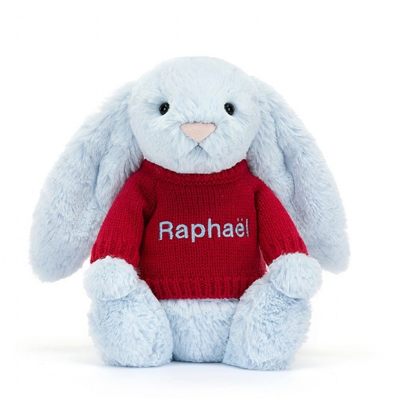 Medium Jellycat Bashful Blue Bunny with Personalised Red Jumper | 62DOWVLEJ