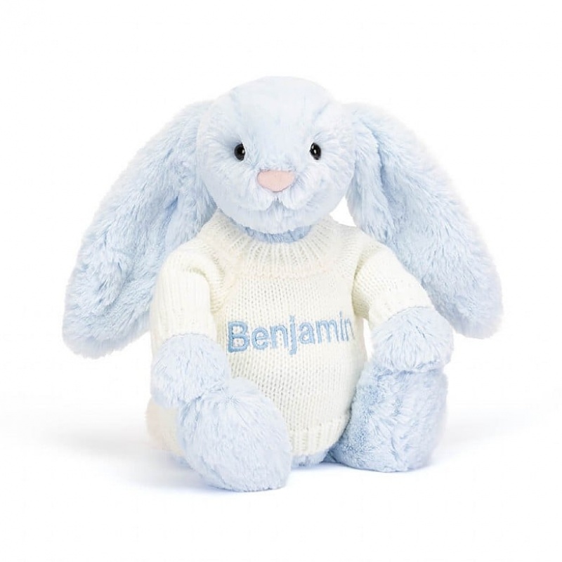 Medium Jellycat Bashful Blue Bunny with Personalised Cream Jumper Outlet | 29XLDRFSU