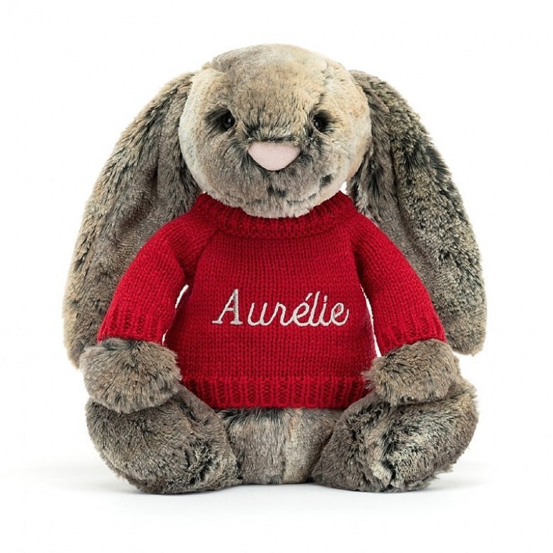 Medium Jellycat Bashful Cottontail Bunny with Personalised Red Jumper Clearance Sale | 72ZCFGBUP