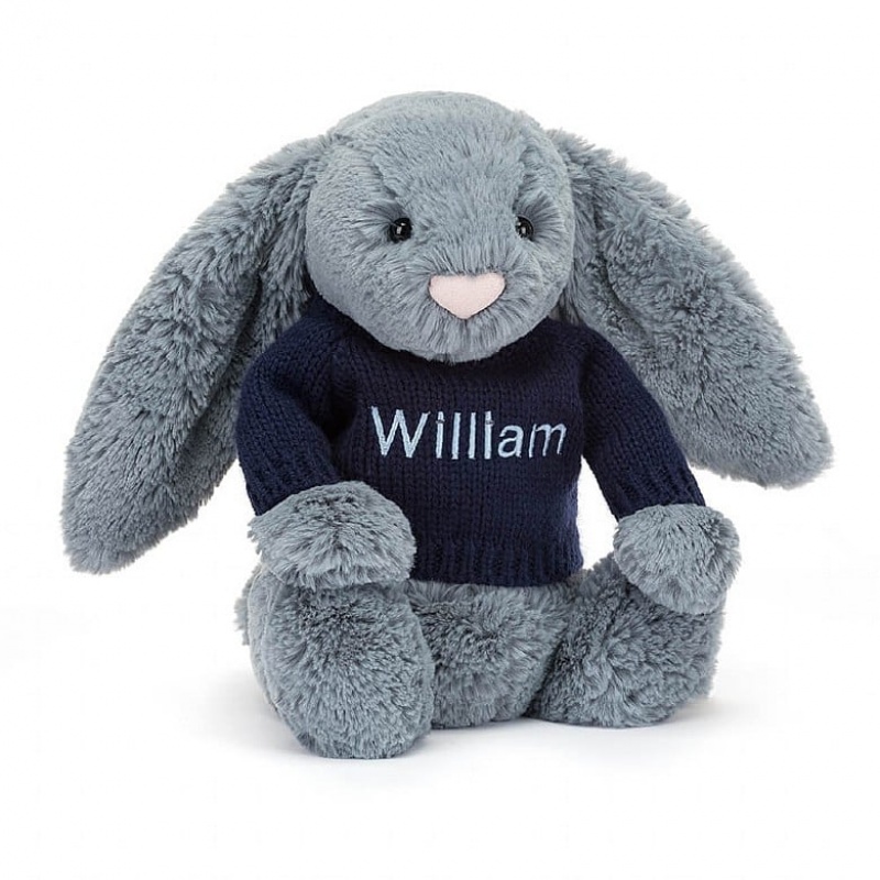 Medium Jellycat Bashful Dusky Blue Bunny with Personalised Navy Jumper Outlet | 28VTDZRXM