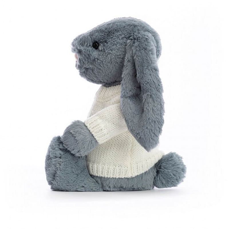 Medium Jellycat Bashful Dusky Blue Bunny with Personalised Cream Jumper | 37NJDFPOY