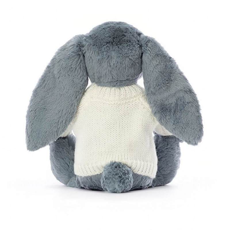 Medium Jellycat Bashful Dusky Blue Bunny with Personalised Cream Jumper | 37NJDFPOY