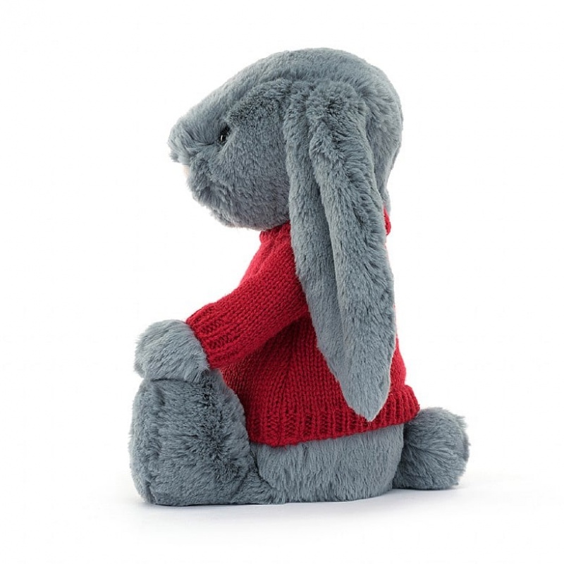 Medium Jellycat Bashful Dusky Blue Bunny with Personalised Red Jumper | 69GRWVNBA