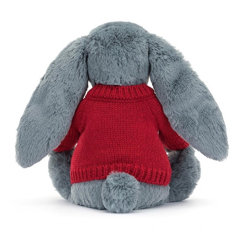 Medium Jellycat Bashful Dusky Blue Bunny with Personalised Red Jumper | 69GRWVNBA