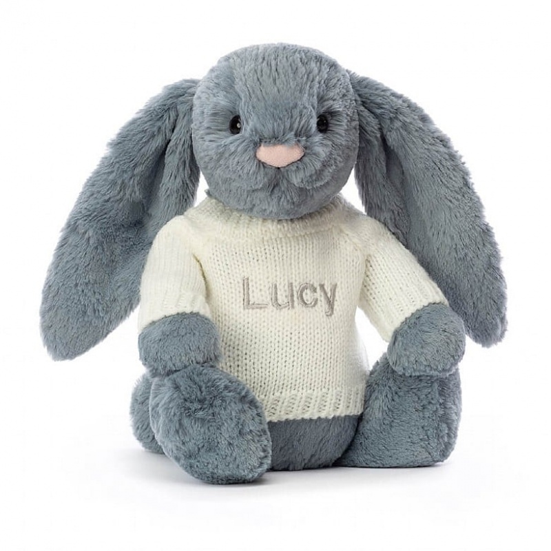 Medium Jellycat Bashful Dusky Blue Bunny with Personalised Cream Jumper USA | 54DHJEGVK