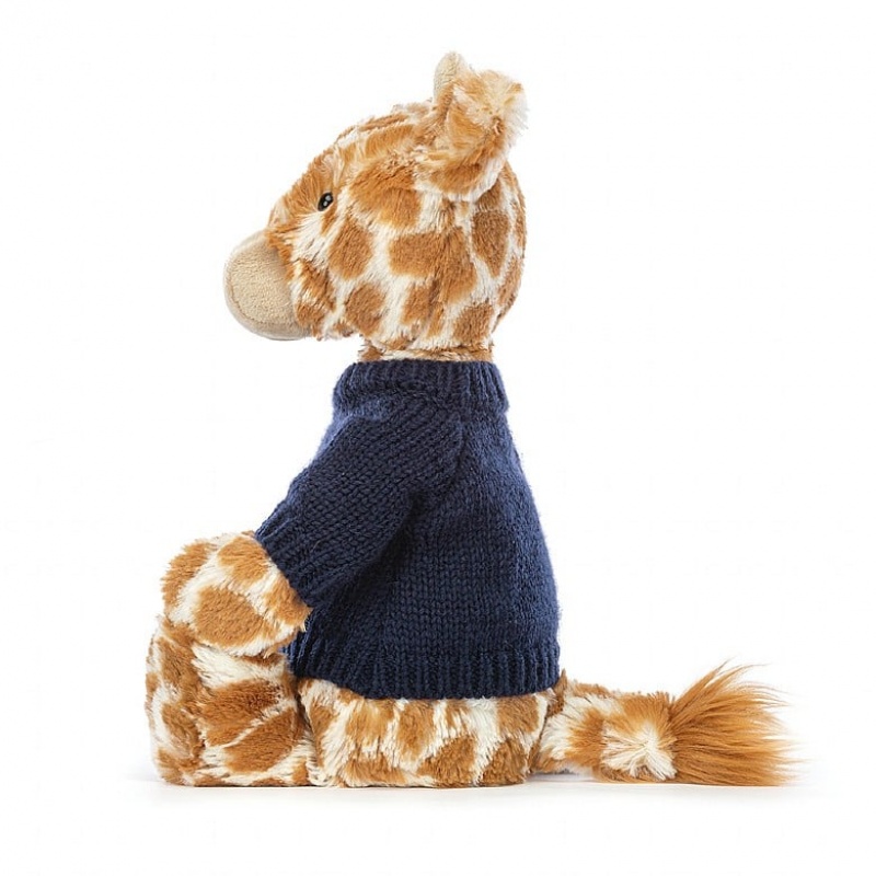 Medium Jellycat Bashful Giraffe with Personalised Navy Jumper Clearance Sale | 79JGPKVYT