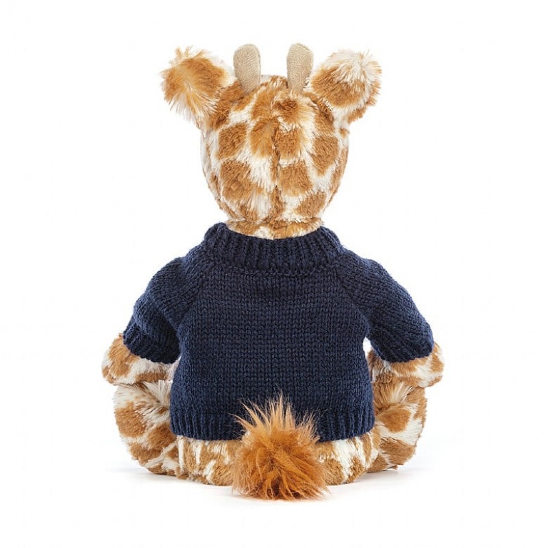 Medium Jellycat Bashful Giraffe with Personalised Navy Jumper Clearance Sale | 79JGPKVYT